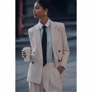 ANTHROPOLOGIE Maeve The Rue Oversized Pinstripe Blazer Small Ivory Chic NWT